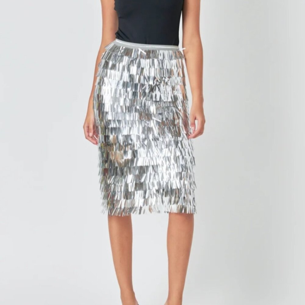 ENDLESS ROSE SILVER METALLIC FRINGE MIDI SKIRT NWT SZ Medium - Picture 4 of 10
